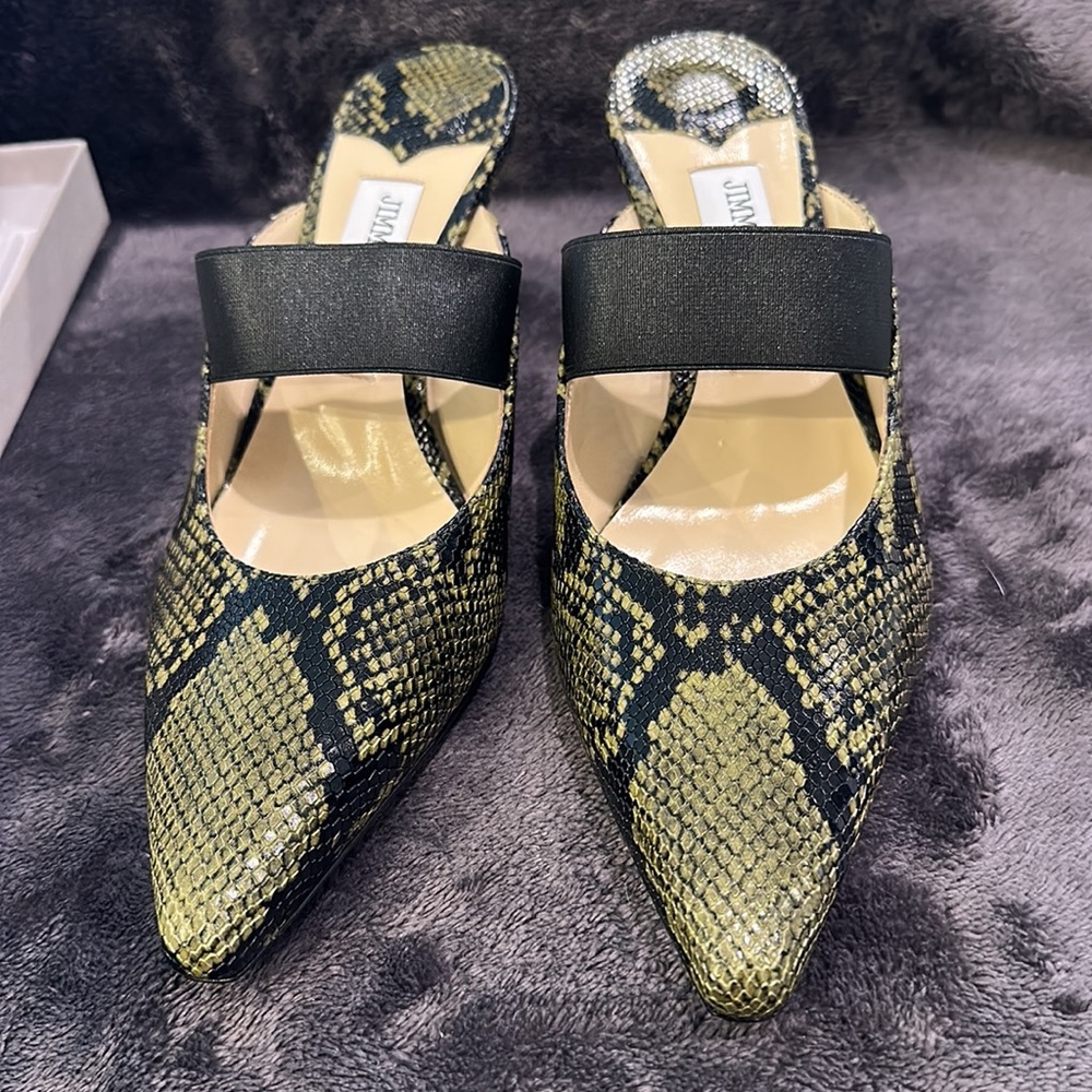 Brand new in box Jimmy Choo Saffi 70 dark olive snake print mules … size 39